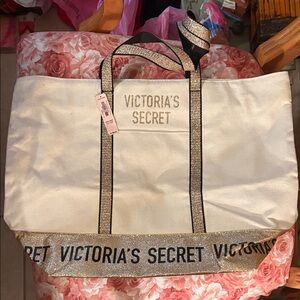 Victoria's Secret Cream and Gold Glitter Tote Bag